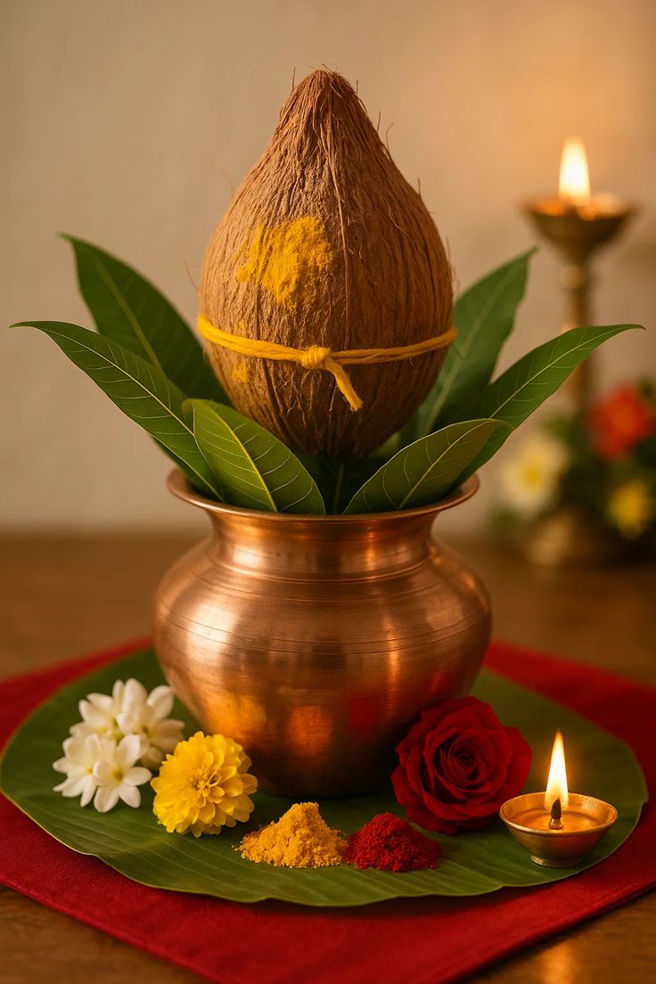 Sacred Puja samagri arranged for worship
