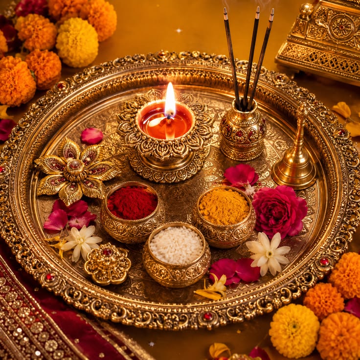 Traditional Puja thali with diya and flowers