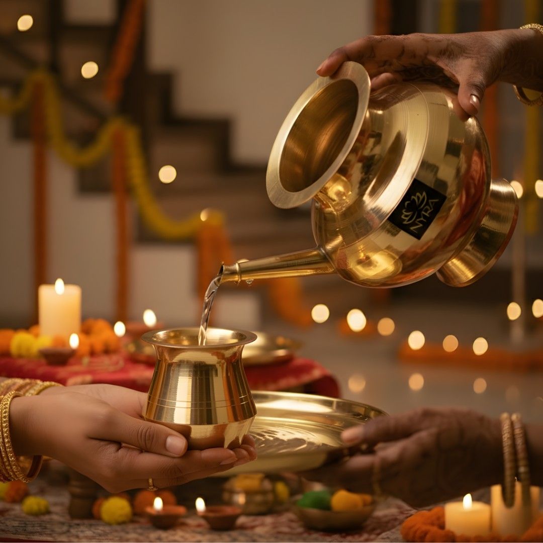 Family Puja setup with traditional offerings